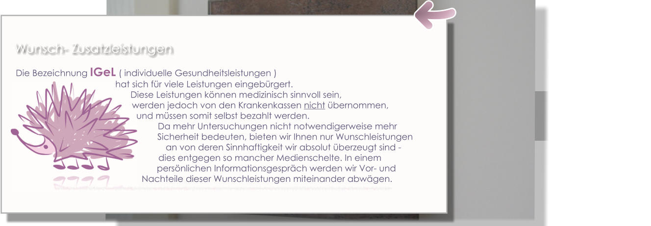 Die Bezeichnung IGeL ( individuelle Gesundheitsleistungen )  hat sich für viele Leistungen eingebürgert.                                                                                                     Diese Leistungen können medizinisch sinnvoll sein,  werden jedoch von den Krankenkassen nicht übernommen,  und müssen somit selbst bezahlt werden.  Da mehr Untersuchungen nicht notwendigerweise mehr                                                                                                         Sicherheit bedeuten, bieten wir Ihnen nur Wunschleistungen     an von deren Sinnhaftigkeit wir absolut überzeugt sind -dies entgegen so mancher Medienschelte. In einem persönlichen Informationsgespräch werden wir Vor- und      Nachteile dieser Wunschleistungen miteinander abwägen. Wunsch- Zusatzleistungen