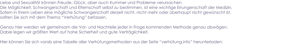 Liebe und Sexualität können Freude, Glück, aber auch Kummer und Probleme verursachen. Die Möglichkeit, Schwangerschaft und Elternschaft selbst zu bestimmen, ist eine wichtige Errungenschaft der Medizin. Sofern in Ihrem Leben eine mögliche Schwangerschaft derzeit nicht, nicht mehr oder überhaupt nicht gewünscht ist, sollten Sie sich mit dem Thema “Verhütung” befassen.  Genau hier werden wir gemeinsam die Vor- und Nachteile jeder in Frage kommenden Methode genau abwägen. Dabei legen wir größten Wert auf hohe Sicherheit und gute Verträglichkeit.  Hier können Sie sich vorab eine Tabelle aller Verhütungsmethoden aus der Seite “verhütung.info” herunterladen: